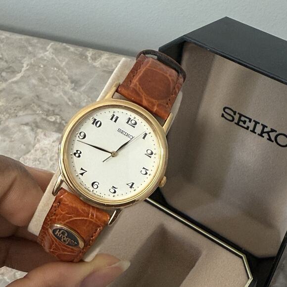 VTG Seiko Women Gold Tone Flat Round Watch Kroger Emblem Calf Leather JAPAN New - Picture 5 of 10